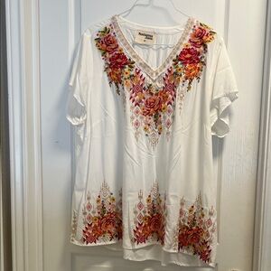 Ruby Rd. Women's White Top with Colorful Floral Embroidery